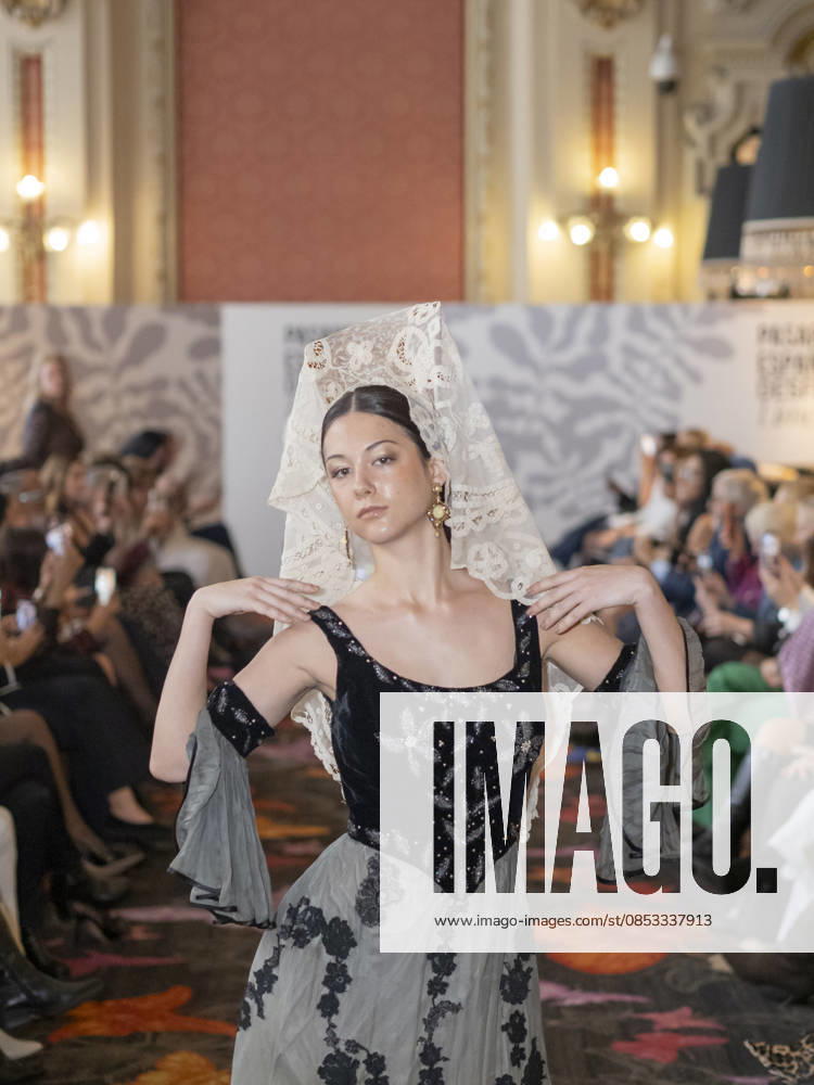 MADRID, SPAIN - APRIL 12: A model showcases a creation by TRADICIONES ISABELA during the Pasarela Espao±ola LimeLife at Casino Gran Via on April 12, 2026 in Madrid, Spain. Madrid Spain - ZUMAh199 20260412_zip_h199_010