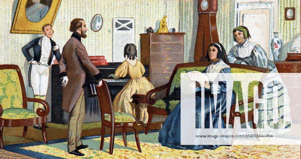 Alfred de Musset 1810 1857 at the home of George Sand Aurore Dupin, Baroness Dudevant 1804 1876 Chromolithograph, circa 1890