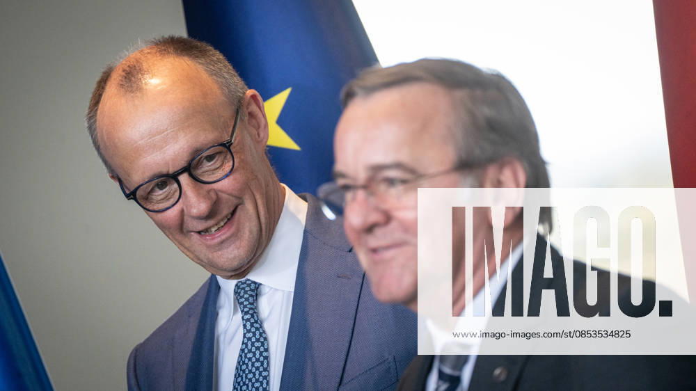 Federal Chancellor Friedrich Merz with Defense Minister Boris Pistorius from left in the Federal Chancellery on the sidelines of the press conference Ukrainian President in the Federal Chancellery Berlin, Germany April 2026, Berlin Berlin Germany Federal Chancellery