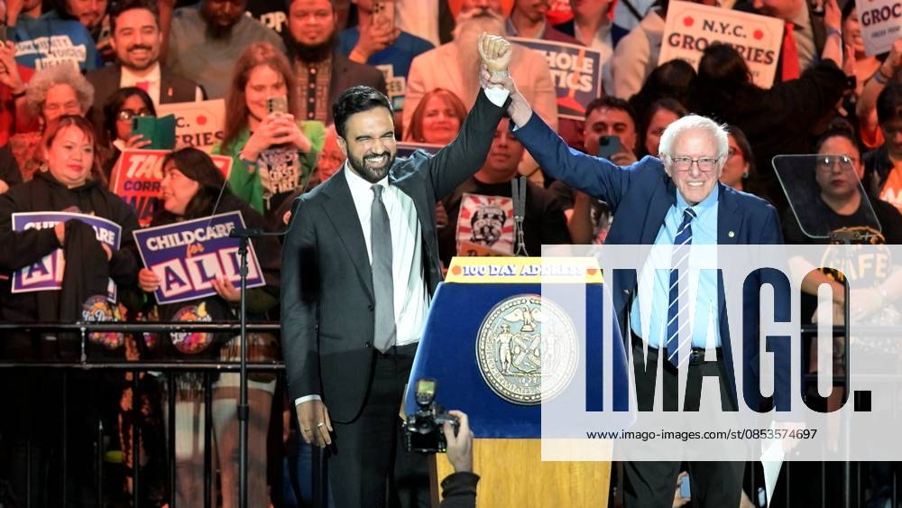 New York City Mayor Zohran Kwame Mamdanis 100 Day Address. (NEW) New York City Mayor Zohran Kwame Mamdanis 100 Day Address. April 12, 2026, New York, USA: (R-L) Bernie Sanders, United States Senator with the New York City Mayor, Zohran Kwame Mamdani during the mayors 100 Days address of his government, highlighting his success and future governing plans. There is heavy security in and around provided by NYPD. Credit: Victor M. Matos Thenews2(Foto: Victor M. Matos Thenews2 imago images) New York City Mayor Zohran Kwame Mamdanis 100 Day Address.