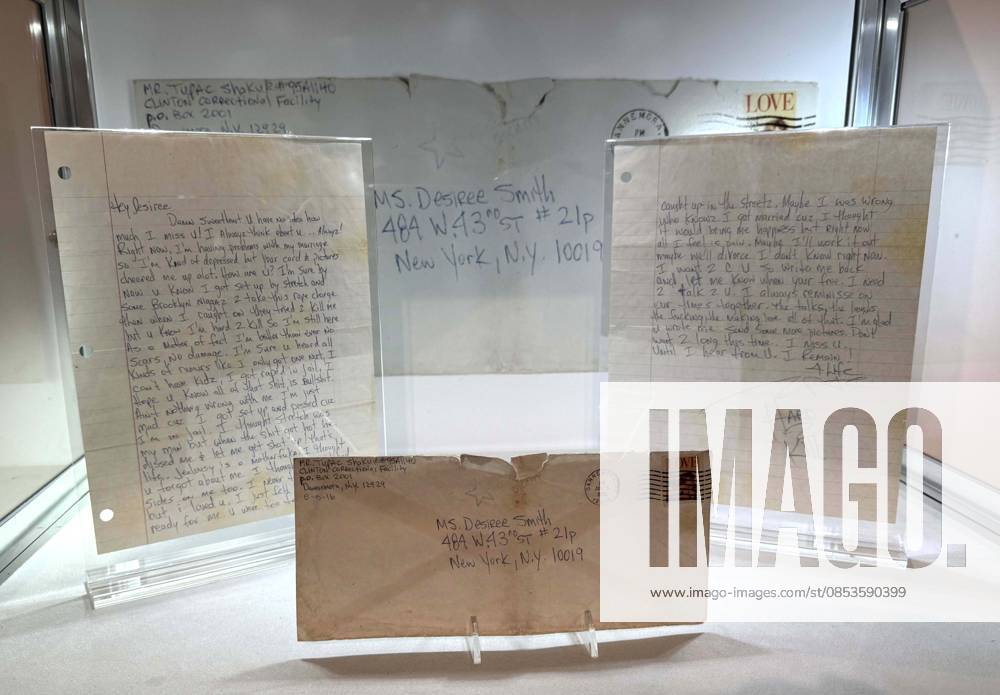 A handwitten letter and envelope from Tupac Shakur to his girlfriend at the time Desiree Smith, penned from prison, ca. 1995, estimate $20,000 - $30,000, seen at the press preview for the SothebyÃ¢â‚¬â ¢s New York Rock and Pop Sale held at the Breuer Building. New York USA - ZUMAk03_ 20260413_zaf_k03_028