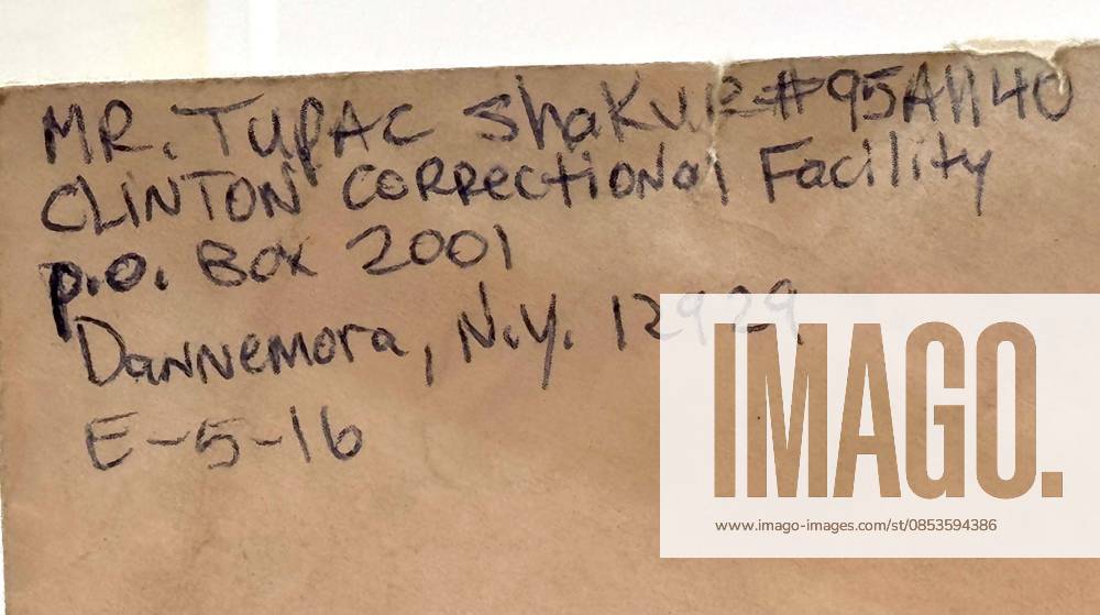 A detail view of an envelope from the handwitten letter from Tupac Shakur to his girlfriend at the time Desiree Smith, penned from prison, ca. 1995, estimate $20,000 - $30,000, seen at the press preview for the Sothebyâ€⠢s New York Rock and Pop Sale held at the Breuer Building. New York USA - ZUMAk03_ 20260413_zaf_k03_026