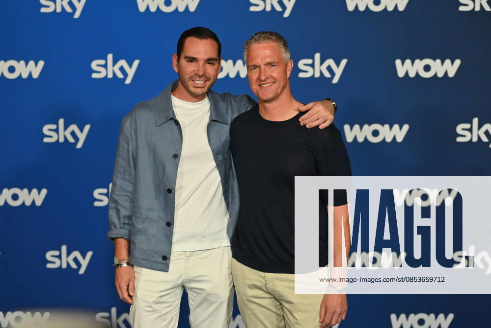 V re Ralf SCHUMACHER with partner Etienne BOUSQUET CASSAGNE Munich program presentation SKY SPOTLIGHT, Sky Originals on 15 04 2026 at the Hotel Bayerischer Hof