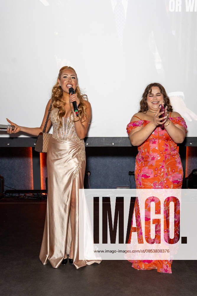 The Apprentice 2026, held at Amazing Grace in London - 16 Apr 2026 (l-R), The Apprentice finalist, Pascha Myhill, and Karishma Vijay, winner of the 20th series of The Apprentice, on stage giving a speech at the final show Watch Party with other contestants from the show, held at Amazing Grace. London United Kingdom
