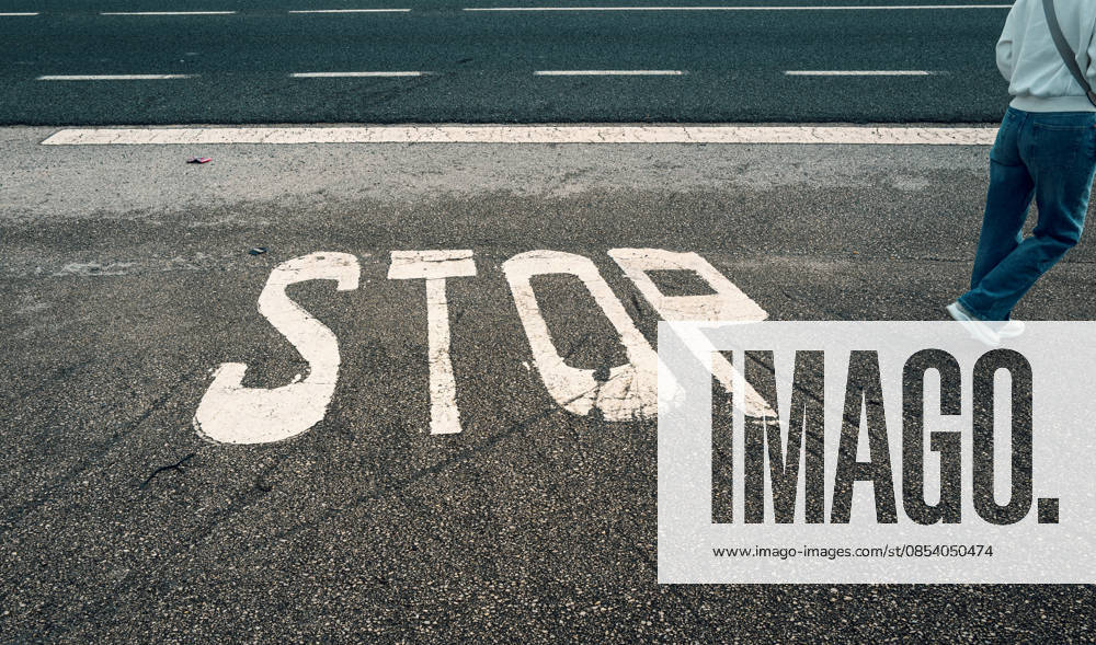Wines Stop Marking at grey Asphalt, Majorca, Spain 1020930763