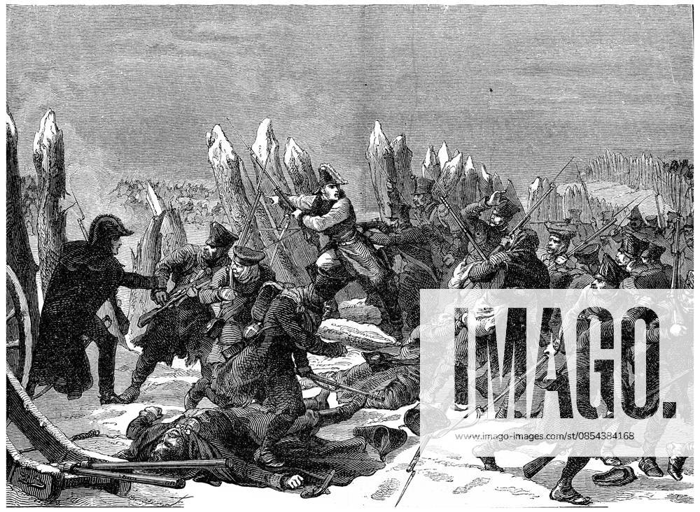 Ende des Russlandfeldzugs. Jüngste Bemühungen von Marschall Ney, gravierte Abbildung im Vintage Stil. Geschichte Frankreichs? 1885 End of the Russian campaign. Recent efforts of Marshal Ney, vintage engraved illustration. History of France ? 1885
