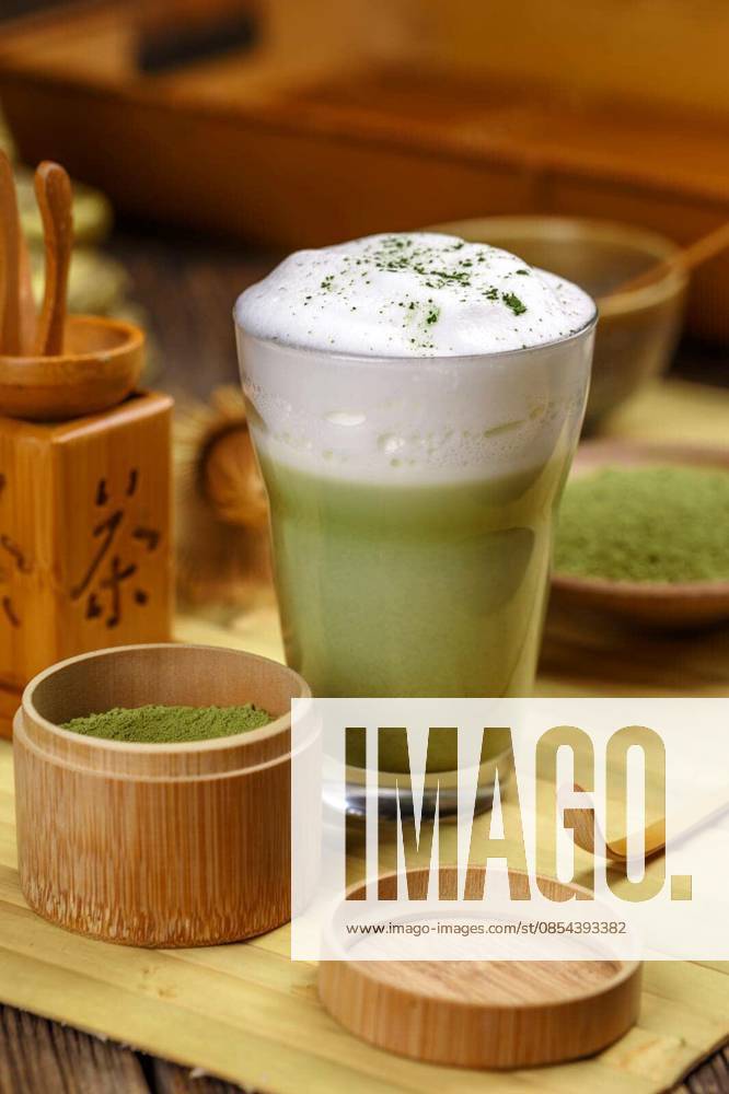 Matcha green tea latte in glass cup
