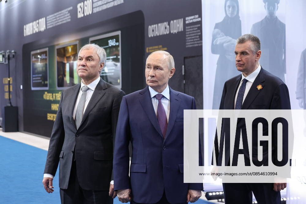 RUSSIA, MOSCOW - APRIL 24, 2026: Vyacheslav Volodin, Speaker of the Russian State Duma, President Vladimir Putin, and Leonid Slutsky (L-R), Chairman of the Russian Liberal Democratic Party (LDPR), view an exhibition titled Zhirinovsky, Continuation. LDPR , dedicated to the late leader of LDPR, Vladimir Zhirinovsky (1946-2022), and held at the Manege Central Exhibition Hall (Moscow Manege). Valery Sharifulin TASS 91644243