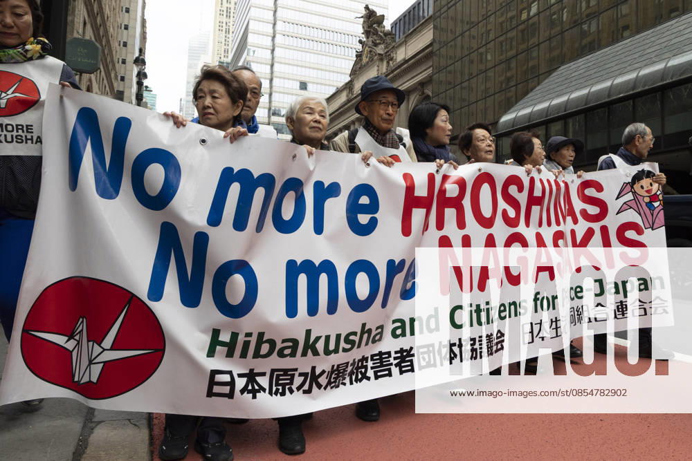 Japanese and Korean survivors of the atomic bombings of Hiroshima and Nagasaki in August 1945 lead hundreds of anti-war advocates marching through the streets of midtown Manhattan to the United Nations after a rally against nuclear weapons at the New York Public Library (NYPL) on Fifth Avenue. Marchers hold a banner that reads No more HIROSHIMAS No more NAGASAKIS Hibakusha and Citizens for Peace-Japan. Demonstrators call on the United Nations and the delegates to the Nuclear Nonproliferation Treaty Review Conference, being held April 27 - May 22, to work toward a nuclear weapons-free world, abolish nuclear tests, phase out nuclear energy, provide reparations for indigenous peoples harmed by nuclear - ZUMAr174 20260426_znp_r174_041