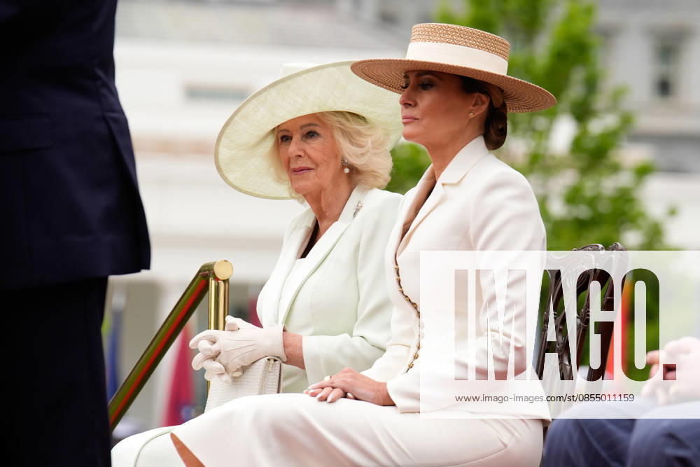 Queen Camila and First lady Melania Trump sit on the podium during an official welcoming ceremony for Britain s King Charles III at the White House in Washington DC on Tuesday, April 28, 2026. The king is on a four-day state visit to the U.S. and will stop in New York and Washington, where he will meet with U.S. officials and deliver an address to Congress. WAX20260428850 YURIxGRIPAS