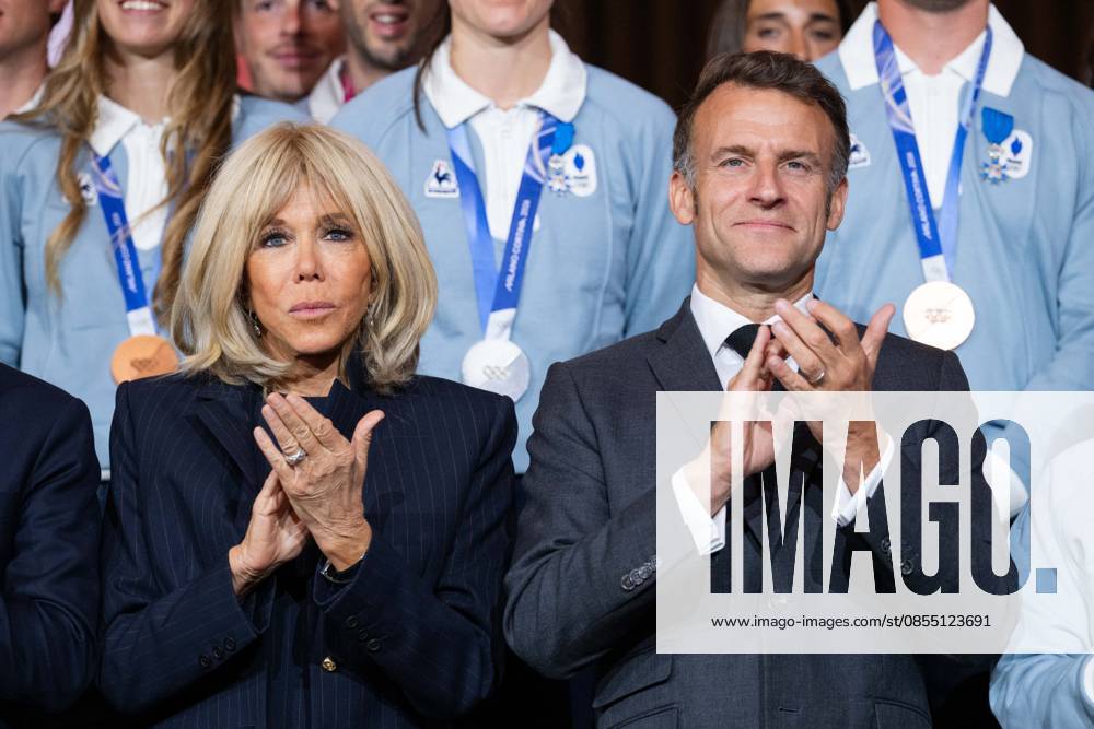 Medal Ceremony by French President for French Athletes - Paris France’s President Emmanuel Macron and his wife Brigitte Macron during a medal ceremony in honour of French athletes who competed in the Milan-Cortina 2026 Winter Olympic Games, at the Elysee presidential Palace in Paris, on April 29, 2026. Photo by Alexis Jumeau ABACAPRESS.COM Paris Ile-de-France France