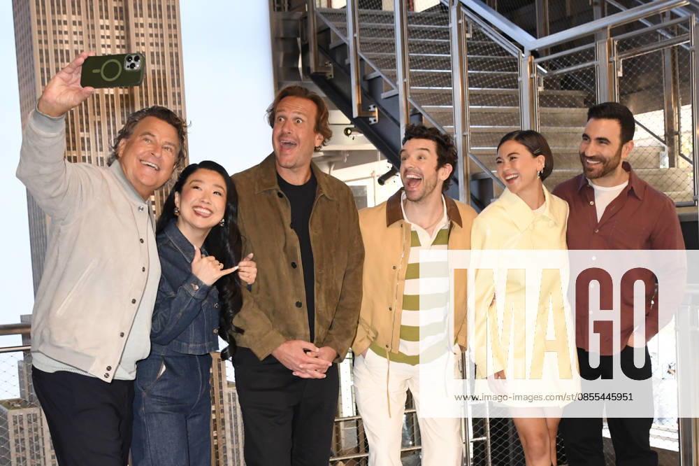 NEW YORK, NY - MAY 1: Ted McGinley, Sherry Cola, Jason Segel, Michael Urie, Lukita Maxwell and Brett Goldstein pictured as Apple TVs Shrinking cast visit the Empire State Building in celebration of Its Third Season on May 1, 2026 in New York City.