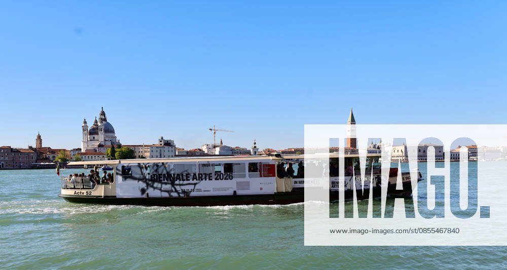 La Biennale di Venezia 61 International Art Exhibition IN MINOR KEYS , curated by Koyo Kouoh in Venice a water cab branded with La Biennale advertisement , in the background Piazza San Marco Venice Giardini Arsenale Veneto Italy