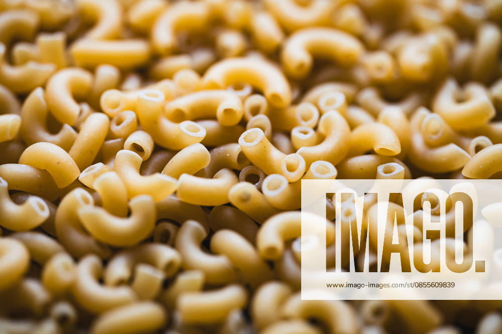 Close up of lots of dry uncooked macaroni pasta filling frame. Kingston, Ontario, Canada R_DOHO260502B-2010683-01