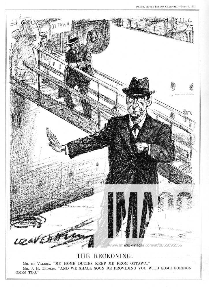Eamon de Valera declining the Ottawa Conference on tariffs, Punch cartoon by L Ravenhill, 6 July 1932. Eamon De Valera (1882-1975) American-born Irish statesman, declining the opportunity to attend the Ottawa Conference on tarriffs because oh his duties at home in the Irish Free State, where he had just come into power,. Cartoon by L Ravenhill from Punch (London, 6 July 1932.) Editorial use only. All other uses to be cleared with the copyright owner (World History Archive), in advance., WHA_007_0215.jpg, Eamon De Valera; Irish statesman; Ottawa Conference; tariffs; duties at home; Irish Free State; power; L Ravenhill; Punch; London; 1932; political cartoon; declining opportunity; American-born; leader; politician; h