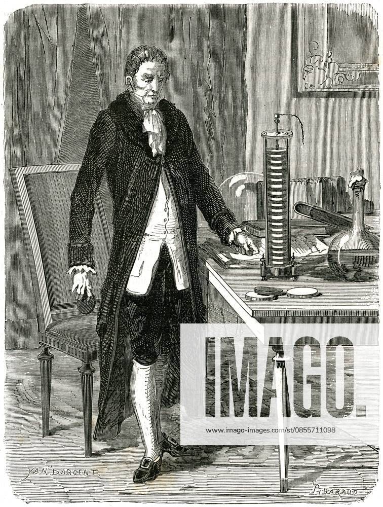 Wood engraving of Alessandro Volta (1745?1827) demonstrating his electric pile (battery) in Paris, c1870. Alessandro Volta (1745-1827) Italian physicist, demonstrating his electric pile (battery). Wood engraving, Paris, c1870. Editorial use only. All other uses to be cleared with the copyright owner (World History Archive), in advance., WHA_008_0904.jpg, Alessandro Volta; Italian physicist; electric pile; battery; wood engraving; Paris; 1870; scientist; inventor; electricity; historical; demonstration; technology; innovation; experiment; discovery; famous; portrait; vintage; black and white; European; 19th century; scientific instrument; Alessandro Volta portrait; Italian scientist; electric battery; historical figure