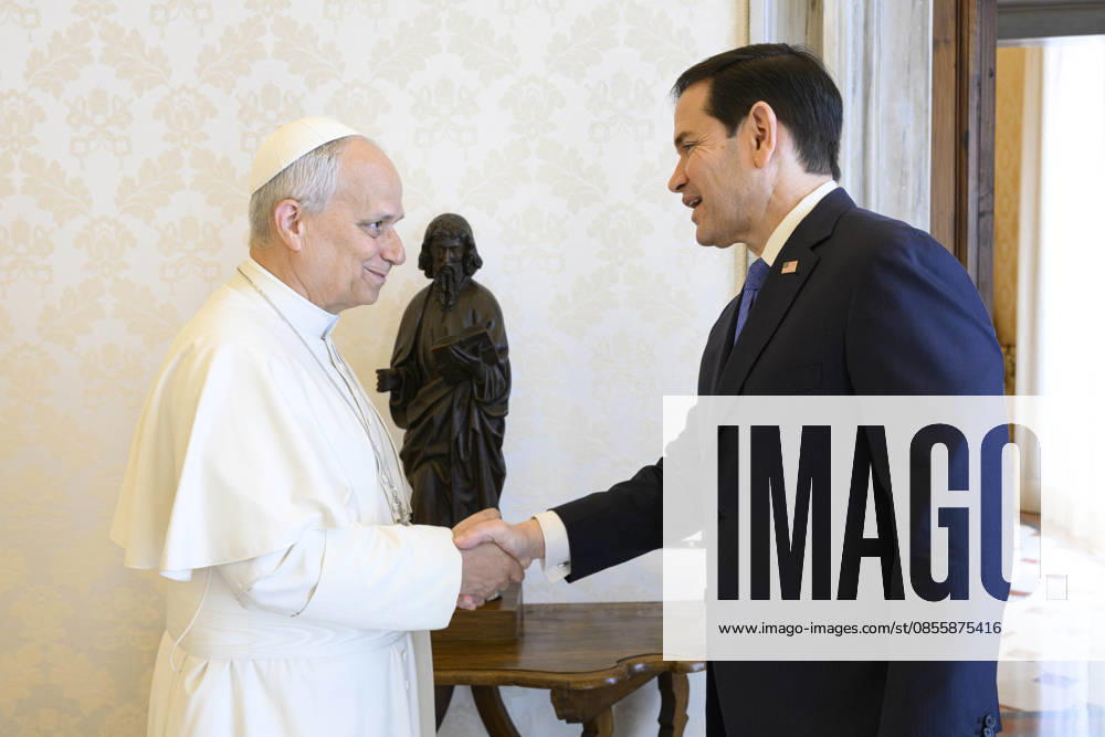 ITALY- REL VATICAN -POPE LEO XVI DURING A PRIVATE AUDIENCE WITH U.S.SECRETARY OF STATE MARCO RUBIO AT THE VATICAN May 7, 2026 ITALY REL - Vatican, May 7, 2026: Pope Leo VIX during a private audience with U.S. Secretary of State Marco Rubio at the Vatican. - NO BOOKS