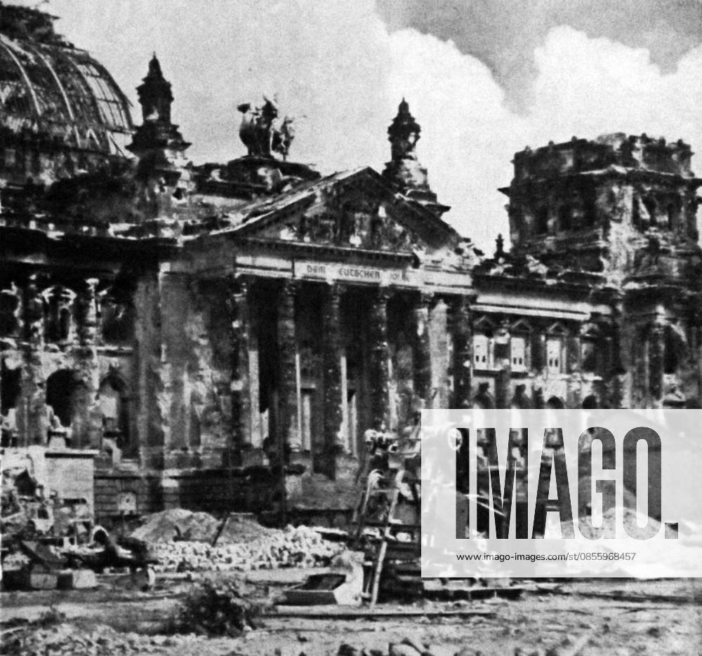 The ruins of the Reichstag The ruins of the Reichstag after allied and Soviet forces entered Berlin, germany in May 1945 Editorial use only. All other uses to be cleared with the copyright owner (World History Archive), in advance., WHA_037_0730.jpg, Reichstag; ruins; Berlin; Germany; allied forces; Soviet forces; May 1945; World War II; destruction; war; historical; architecture; building; European history; military; conflict; invasion; liberation; devastation; aftermath; urban; cityscape; landmark; destruction; rubble; battle; victory; conquest; soldiers; tanks; fire.
