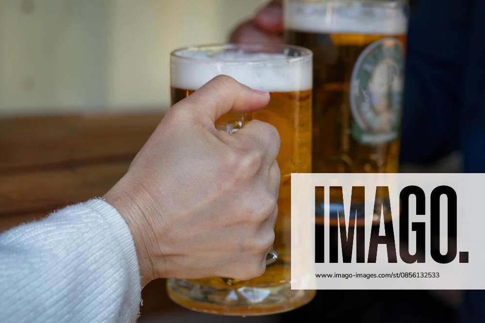 Zwei Personen stoßen mit Bierkrügen an Geselliger Moment, in dem zwei Hände mit gefüllten Bierkrügen anstoßen. Nahaufnahme der Gläser im Freien (License=RM)