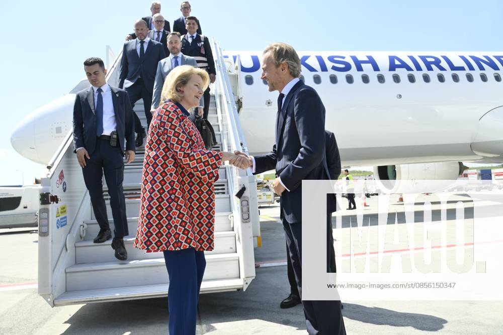 Queen Mathilde Attends 2026 Turkey Economic Mission ISTANBUL, TURKEY - MAY 07: Queen Mathilde of Belgium pictured being welcomed upon arrival in Turkey by HE Mahinur Özdemi, Minister of Family and Social Services, TBC Mr. 0lker Haktankaçmaz, Governor of Istanbul Airport, Mr. Emre Bey, Chief of the Protocol of the MFA, during the Belgian Economic Mission to the Republic of Turkey on May 07, 2026 in Istanbul, Turkey, 07 05 2026 Istanbul Turkey