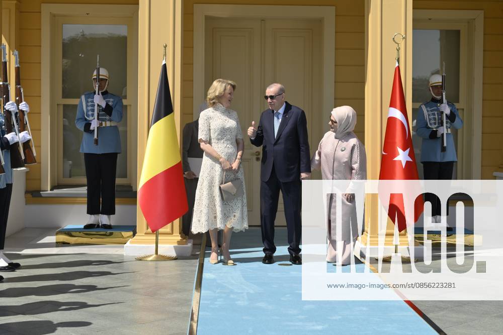 L-R, Queen Mathilde of Belgium, Turkish President Recep Tayyip Erdogan and Turkish First Lady Emine Erdogan pictured at a diplomatic meeting on day two of a Belgian economic mission to Turkey, in Istanbul on Monday 11 May 2026. The Queen of the Belgians is visiting Turkey from 10 to 14 May. POOLxPHILIPxREYNAERS 173486635