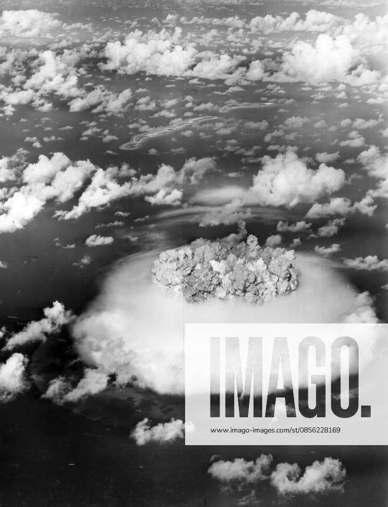 Photograph of a mushroom cloud during Operation Crossroads Photograph of a mushroom cloud during Operation Crossroads nuclear weapons test on Bikini Atoll. Dated 1946 Editorial use only. All other uses to be cleared with the copyright owner (World History Archive), in advance., WHA_059_0893.jpg, mushroom cloud; Operation Crossroads; nuclear weapons test; Bikini Atoll; 1946; atomic bomb; explosion; atomic testing; historical; warfare; military; nuclear testing; World War II; Pacific Ocean; United States; Marshall Islands; atomic energy; nuclear explosion; atomic mushroom cloud; historical photograph; nuclear history; atomic warfare; nuclear bomb; atomic testing site; nuclear detonation; atomic mushroom cloud; nuclear w