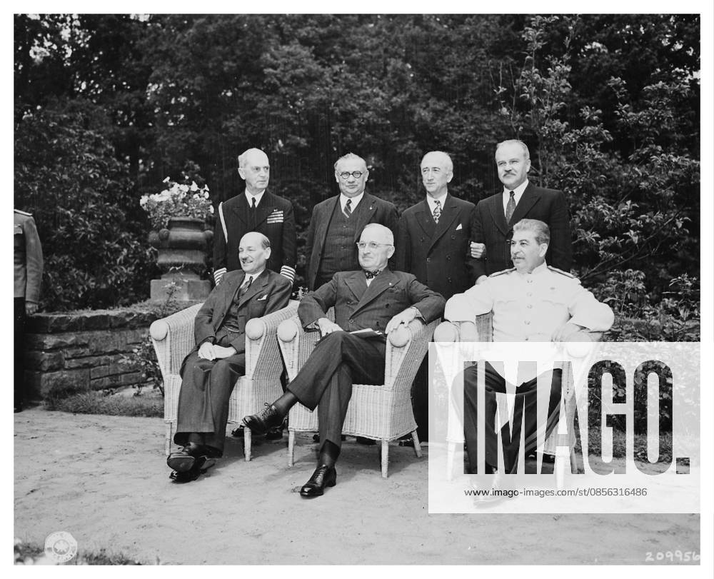 Potsdam ( Berlin ) conference, 1945. the three Allied Powers Potsdam ( Berlin ) conference, 1945. the three Allied Powers: USSR, Great Britain and the United States. left to right seated; Clement Attlee, Harry Truman, Joseph Stalin. Standing L to R: Admiral J.D. Loahy, Ernest Bevin, J.W.Byrnes and Russian Foreign Minister Molotov Editorial use only. All other uses to be cleared with the copyright owner (World History Archive), in advance., WHA_068_0852.jpg, Potsdam Conference; Berlin 1945; Allied Powers; USSR; Great Britain; United States; Clement Attlee; Harry Truman; Joseph Stalin; Admiral J.D. Loahy; Ernest Bevin; J.W. Byrnes; Russian Foreign Minister Molotov; World War II; historical conference; political leaders;