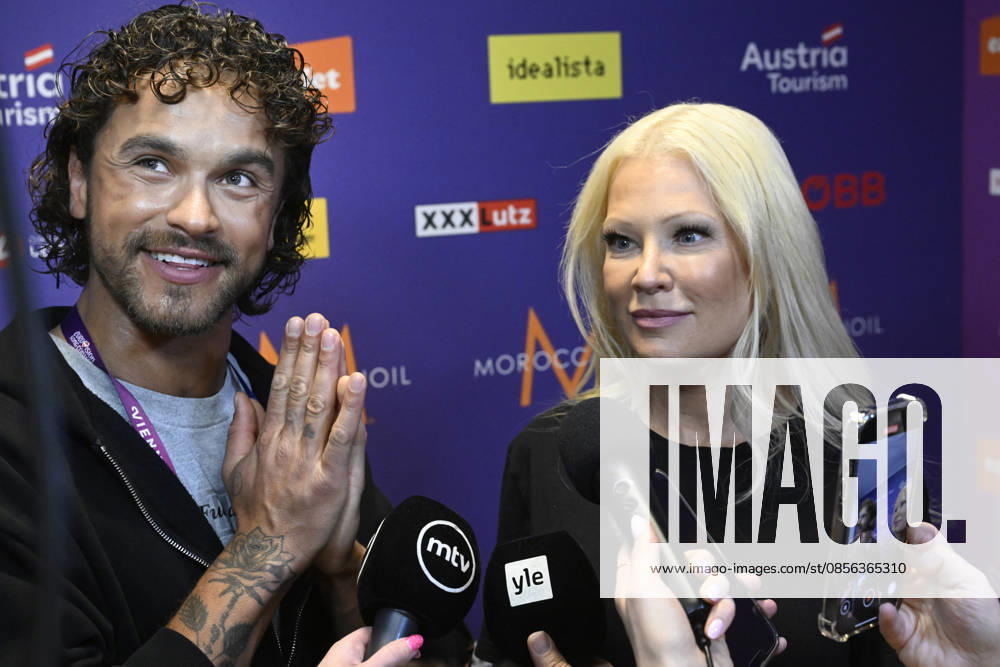 LKS 20260512 Finland s entry to the Eurovision Song Contest 2026, Pete Parkkonen (left) and Linda Lampenius during a press conference ahead of the first semifinal in Vienna, Austria on Monday, 12th of May, 2026. - HEIKKI SAUKKOMAA Wien Austria