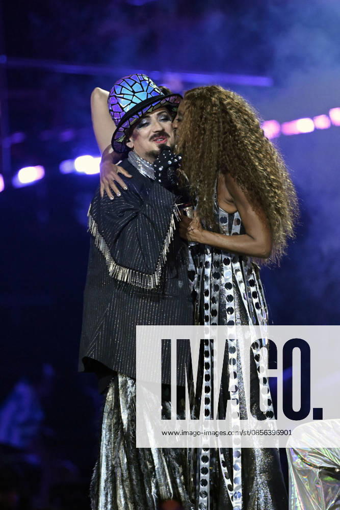Boy George with Senhit representing San Marino with the song Superstar during semi final 1 of the 70th edition of the Eurovision Song Contest ESC at the Wiener Stadthalle in Vienna, Austria, Tuesday 12 May 2026 VIENNA AUSTRIA
