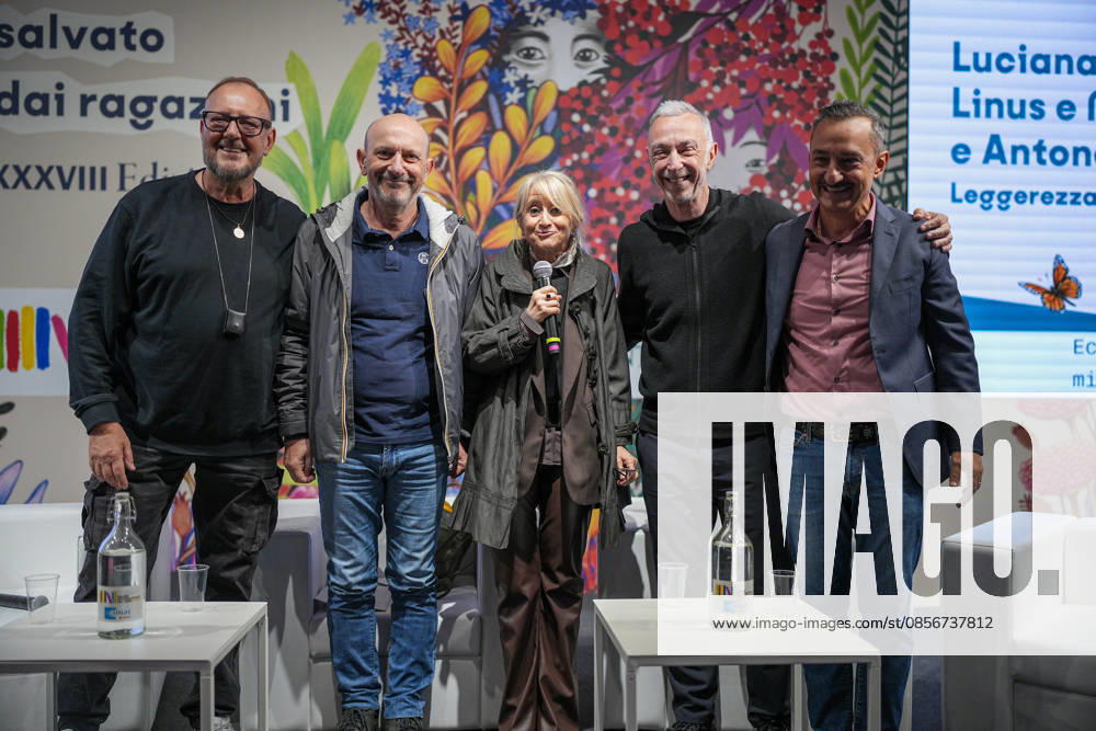 IPA84723914 - Turin. Second day of the 18th edition of the Turin International Book Fair entitled The World Saved by Kids. The fair will remain open from May 14 to 18, 2026 at Lingotto Fiere Pictured: Antonello Dose, Marco Presta, Luciana Littizzetto, Linus, Nicola Savino