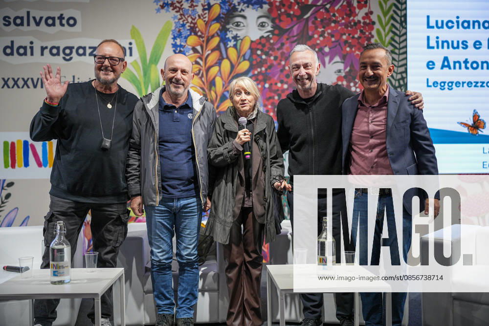 IPA84723911 - Turin. Second day of the 18th edition of the Turin International Book Fair entitled The World Saved by Kids. The fair will remain open from May 14 to 18, 2026 at Lingotto Fiere Pictured: Antonello Dose, Marco Presta, Luciana Littizzetto, Linus, Nicola Savino