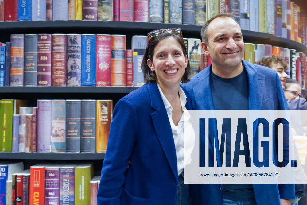 Democratic Party Secretary Elly Schlein and Turin Mayor Stefano Lorusso pose for a photo at the book tower at the International Book Fair. Turin, May 15, 2026 Turin Italy - ZUMAa289 20260515_zia_a289_030