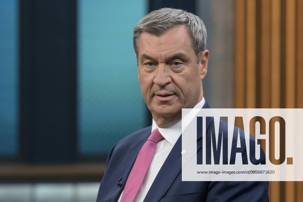 In the picture from left Markus Söder, Prime Minister of Bavaria, CSU, GER, Berlin, Studio, guest of Caren Miosga, Polittalk, TV, format, recording, recorded, Das Erste, from Adlershof at Studio 20, topic