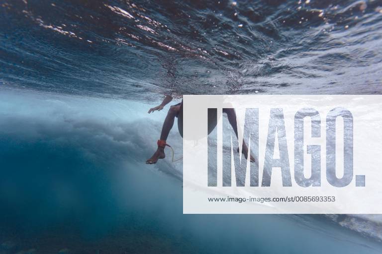 Maledives, Indian Ocean, surfer sitting on surfboard, underwater shot model released Symbolfoto KNTF01209