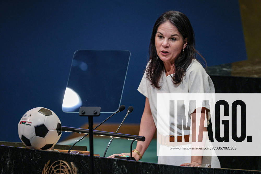 ANNALENA BAERBOCK, President of the United Nations General Assembly, speaks at the podium during an event marking World Football Day in the General Assembly Hall at UNHQ, focused on refugees and soccer. New York USA - ZUMAo116 20260519_znp_o116_034