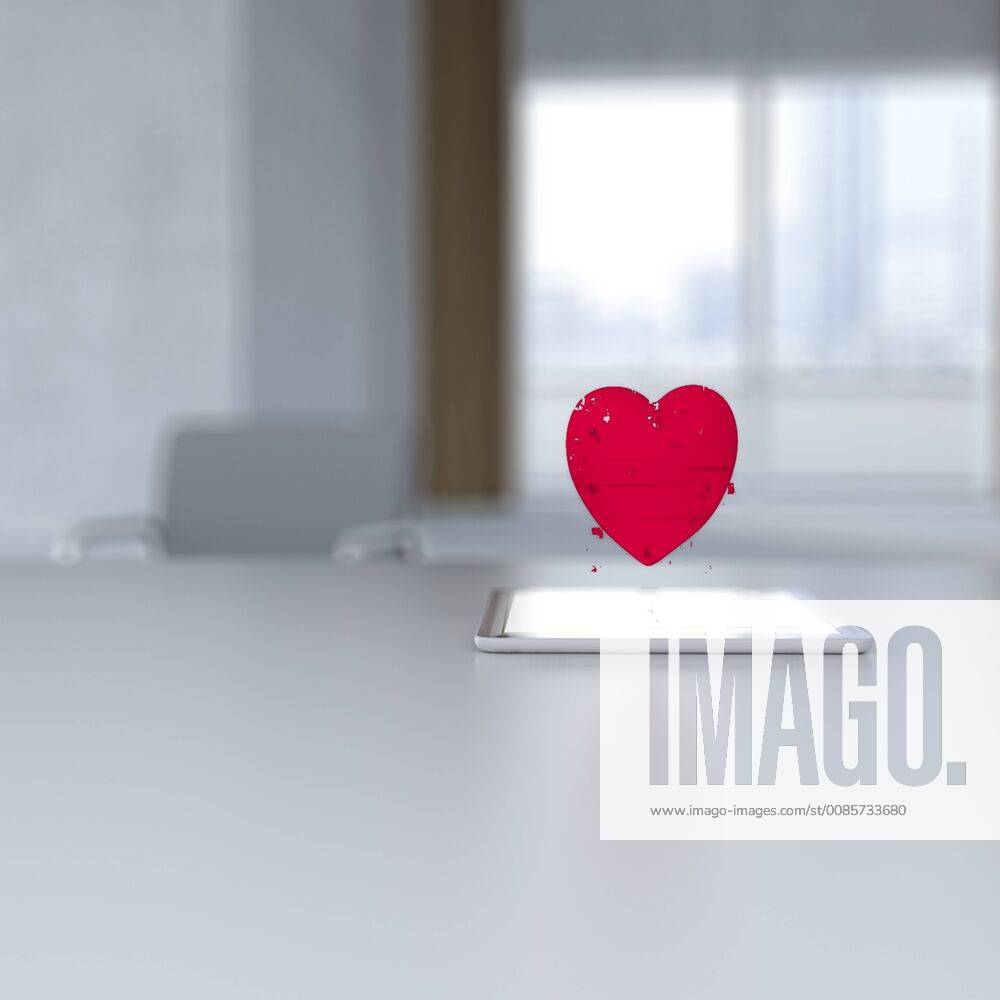 3D rendering, Pixel heart hovering over digital tablet on desk UWF01424