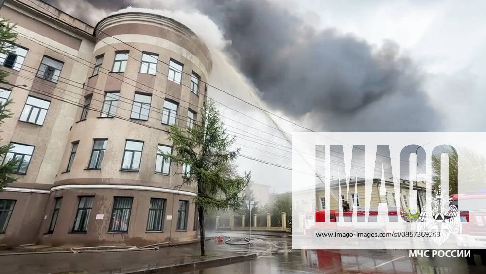 RUSSIA, IRKUTSK - MAY 23, 2026: Firefighters battle a fire at Research Institute of Precious and Rare Metals and Diamonds. Video grab. Best quality available. Russia Emergencies Ministry TASS 92905853