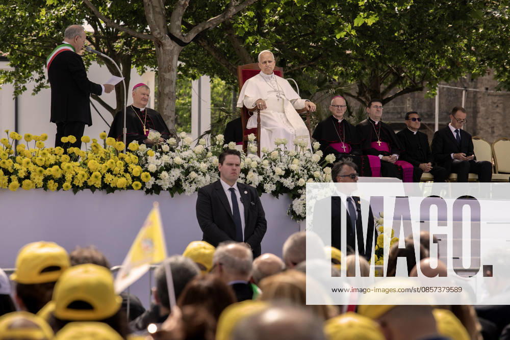 Pope Leo XIV in Acerra ACERRA, ITALY - MAY 23: Pope Leo XIV is seen during the meeting with the faithful in Calipari square in Acerra, Italy, on May 23, 2026. Pope Leo XIV visited Acerra, located in the heart of the so-called Land of Fires , sadly known for the environmental pollution generated by the illegal burial of toxic waste. Alessio Paduano Anadolu Naples Italy. Editorial use only. Please get in touch for any other usage.
