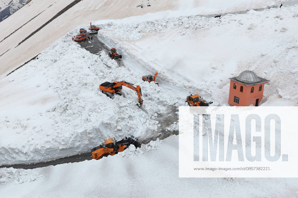 Van-Bahcesaray highway, closed for months due to avalanche risk, cleared of snow VAN, TURKIYE - MAY 23: An aerial view of the area as the teams from the Gorentas Maintenance Station of the 11th Regional Directorate of Highways carry out snow removal work on the Van-Bahcesaray highway in Van, Turkiye on May 23, 2026. Closed since December due to adverse weather conditions and avalanche risks, the highway was partially opened to single-lane traffic following a challenging 20-day effort through meters-high snow corridors. The final decision to fully open the road to traffic awaits an assessment by the Avalanche Risk Determination and Monitoring Commission. Ozkan Bilgin Anadolu Van Turkey. Editorial use only. Please get in touch for any other