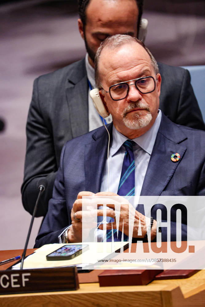 TED CHAIBAN, UNICEF Deputy Executive Director, sits with hands steepled the UN Security Council during an emergency meeting on Ukraine at UNHQ following Russian allegations of a Ukrainian drone strike on a vocational school and student dormitory in Russian-controlled Luhansk, which Ukraine denies targeted civilians. New York USA - ZUMAo116 20260523_znp_o116_005