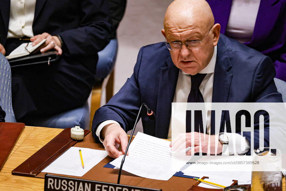 VASSILY NEBENZIA, Permanent Representative of Russia to the UN, speaks during an emergency UN Security Council meeting on Ukraine at UNHQ following Russian allegations of a Ukrainian drone strike on a vocational school and student dormitory in Russian-controlled Luhansk, which Ukraine denies targeted civilians. New York USA - ZUMAo116 20260523_znp_o116_011
