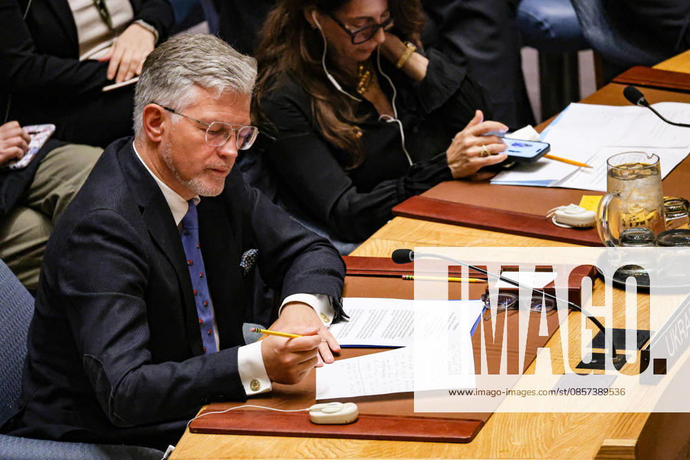 ANDRII MELNYK, Permanent Representative of Ukraine to the UN, looks over notes during an emergency UN Security Council meeting on Ukraine at UNHQ following Russian allegations of a Ukrainian drone strike on a vocational school and student dormitory in Russian-controlled Luhansk, which Ukraine denies targeted civilians. New York USA - ZUMAo116 20260523_znp_o116_013