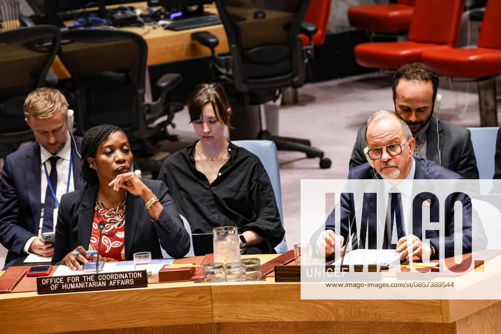 (R to L) TED CHAIBAN, UNICEF Deputy Executive Director, briefs the UN Security Council as EDEM WOSORNU, Director of the Operations and Advocacy Division at OCHA, sits to his right during an emergency meeting on Ukraine at UNHQ following Russian allegations of a Ukrainian drone strike on a vocational school and student dormitory in Russian-controlled Luhansk, which Ukraine denies targeted civilians. New York USA - ZUMAo116 20260523_znp_o116_015
