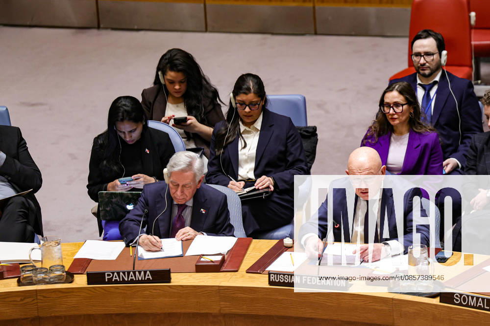 VASSILY NEBENZIA on right, Permanent Representative of Russia to the UN, speaks during an emergency UN Security Council meeting on Ukraine at UNHQ following Russian allegations of a Ukrainian drone strike on a vocational school and student dormitory in Russian-controlled Luhansk, which Ukraine denies targeted civilians. New York USA - ZUMAo116 20260523_znp_o116_016