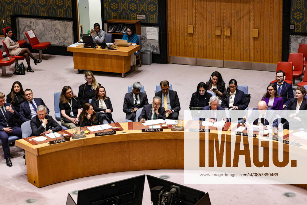 VASSILY NEBENZIA, Russiaâ€⠢s Permanent Representative to the UN, speaks during an emergency Security Council meeting on Ukraine at UNHQ, as ANDRII MELNYK, VANESSA FRAZIER and other delegates listen after Russian allegations of a Ukrainian drone strike in Russian-controlled Luhansk. New York USA - ZUMAo116 20260523_znp_o116_017