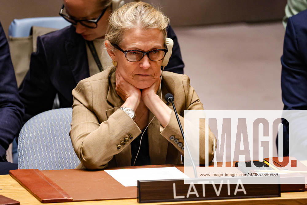 SANITA PAVLUTA-DESLANDES, Permanent Representative of Latvia to the UN, sits with her hands near her neck during an emergency UN Security Council meeting on Ukraine at UNHQ following Russian allegations of a Ukrainian drone strike on a vocational school and student dormitory in Russian-controlled Luhansk, which Ukraine denies targeted civilians. New York USA - ZUMAo116 20260523_znp_o116_012