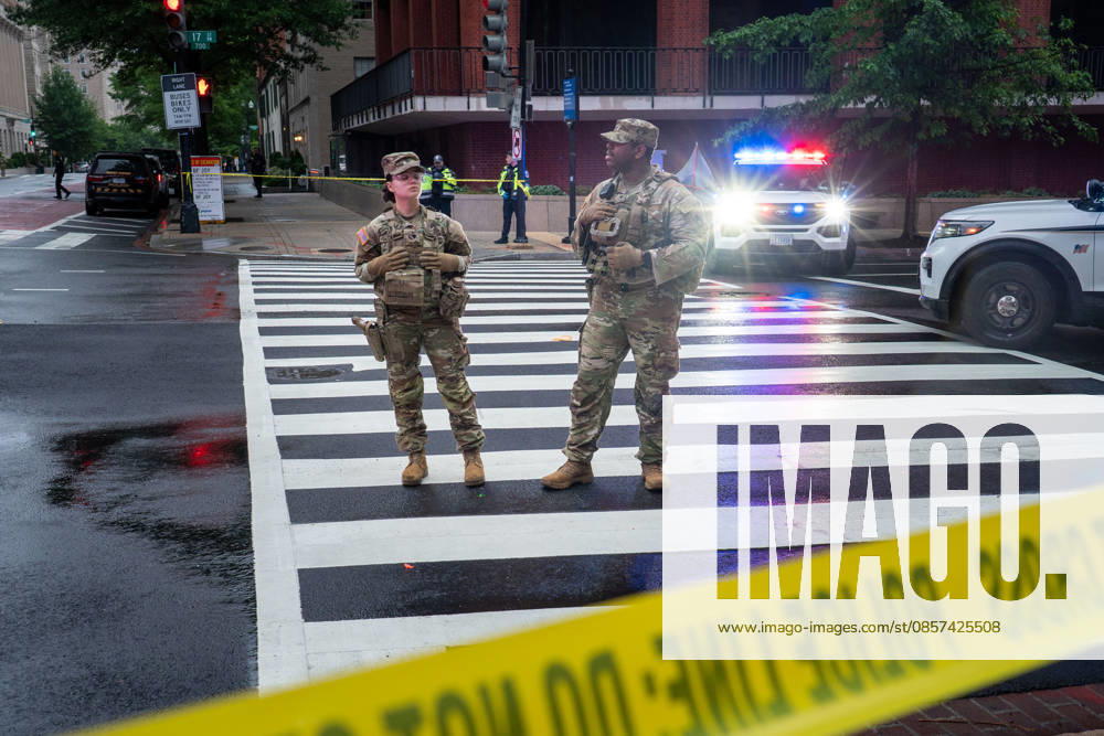 Members of the National Guard stand guard near the site where a gunman fired a volley of shots near the White House before being shot and fatally wounded by U.S. Secret Service police officers. Another person was injured, according to law enforcement officials. Washington, DC, May 23, 2026. Photo: Zuma Press Washington USA - ZUMAmj3_ 20260523_zaf_mj3_012