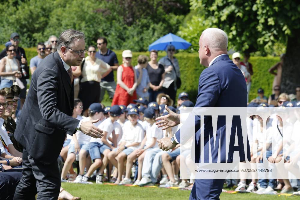 Prime Minister Bart De Wever and US ambassador to Belgium Bill White pictured during the annual Memorial Day ceremony at the Flanders Field American Cemetery, in Waregem, Sunday 24 May 2026. NICOLASxMAETERLINCK 174921427
