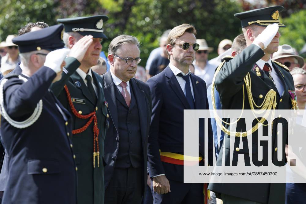 Prime Minister Bart De Wever (3L) and Kristof Chanterie pictured during the annual Memorial Day ceremony at the Flanders Field American Cemetery, in Waregem, Sunday 24 May 2026. NICOLASxMAETERLINCK 174928987