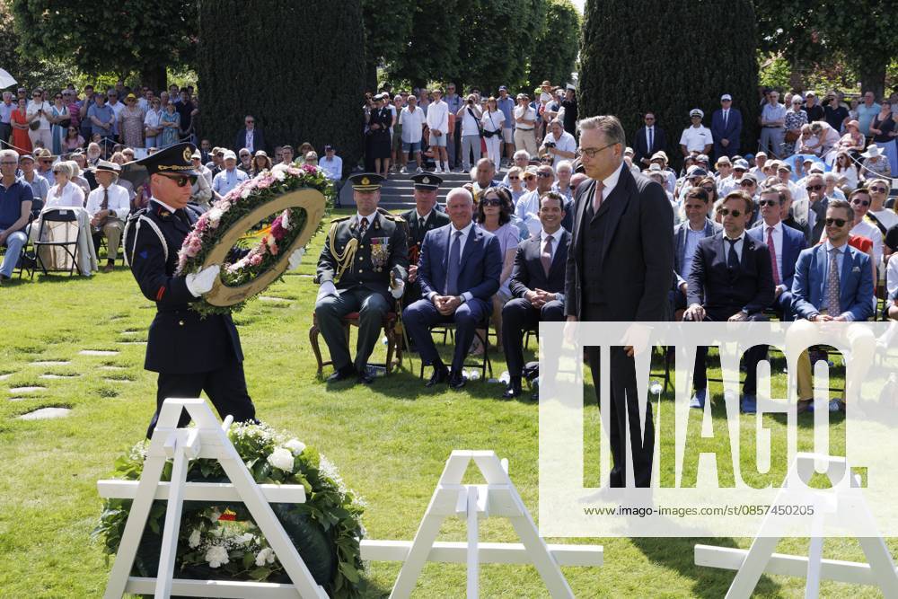 The representative of the King (C), US ambassador to Belgium Bill White, Bryan Eure and Prime Minister Bart De Wever pictured during the annual Memorial Day ceremony at the Flanders Field American Cemetery, in Waregem, Sunday 24 May 2026. NICOLASxMAETERLINCK 174928979